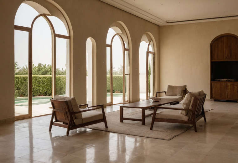 A villa living room with a row of tall arched openings onto a garden and pool, sand-coloured plaster walls, a polished stone floor and two dark timber armchairs with a low table on a pale rug.