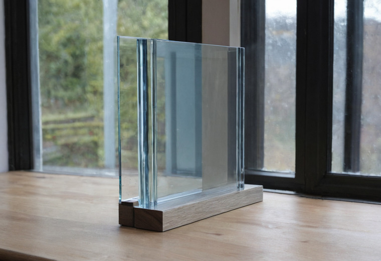 A corner sample of a double glazed unit standing on a timber sill in front of a glazed wall, the two panes and the spacer between them visible from the edge.