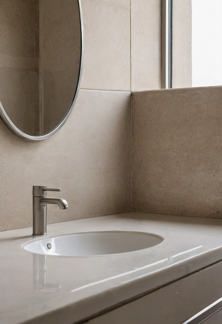 A bathroom vanity with a pale stone top, an oval undermount basin and a tall chrome single-lever mixer, a round mirror above and stone-coloured wall tiles.
