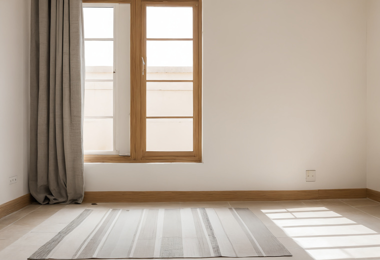 Empty bedroom of a Dubai apartment with a timber window frame, a light wood-effect floor and a striped rug