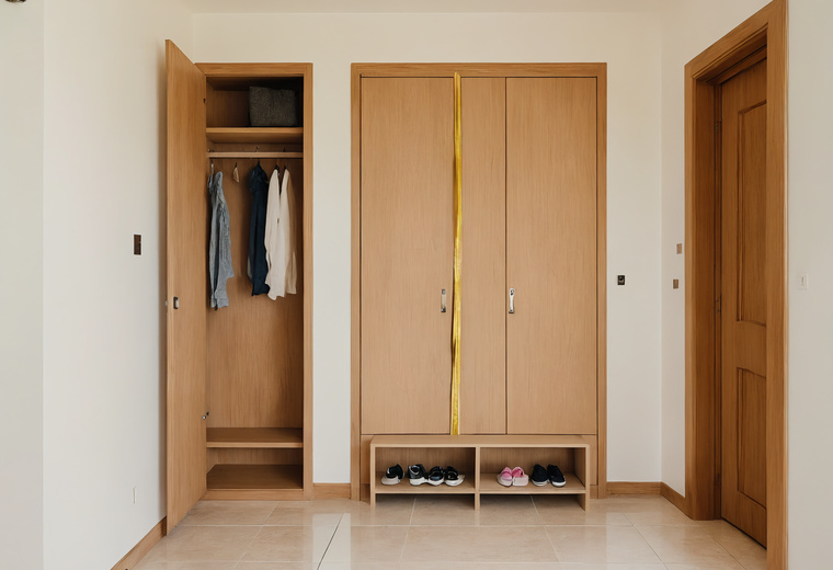 Apartment hallway with new oak built-in wardrobes and a shoe bench, one wardrobe door open