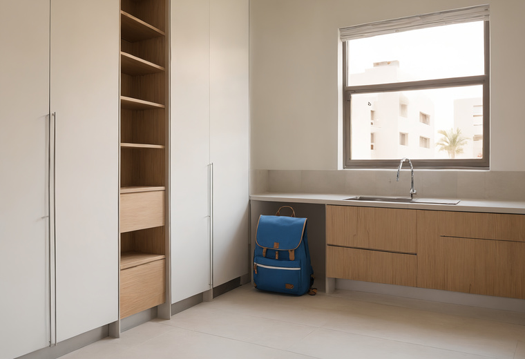 Apartment kitchen with new tall white joinery units, open oak shelving and base cabinets around a sink under the window