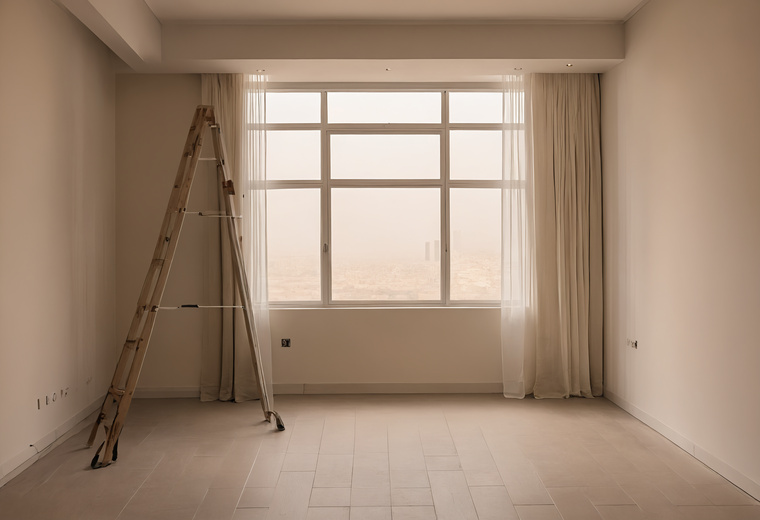 Empty living room of a Dubai apartment during fit-out, with a wooden stepladder by the tall window, a tiled floor and sheer curtains