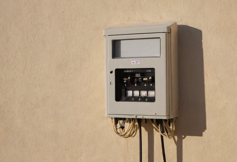 A beige metal meter cabinet on a sand-coloured rendered wall, with a viewing window at the top, switchgear and dials behind a lower opening, and cables emerging at the bottom.