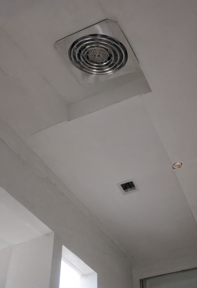 A round chrome ceiling diffuser set into a square recess on a white ceiling, with a smaller vent and a detector further along and a bulkhead sloping down to a window.