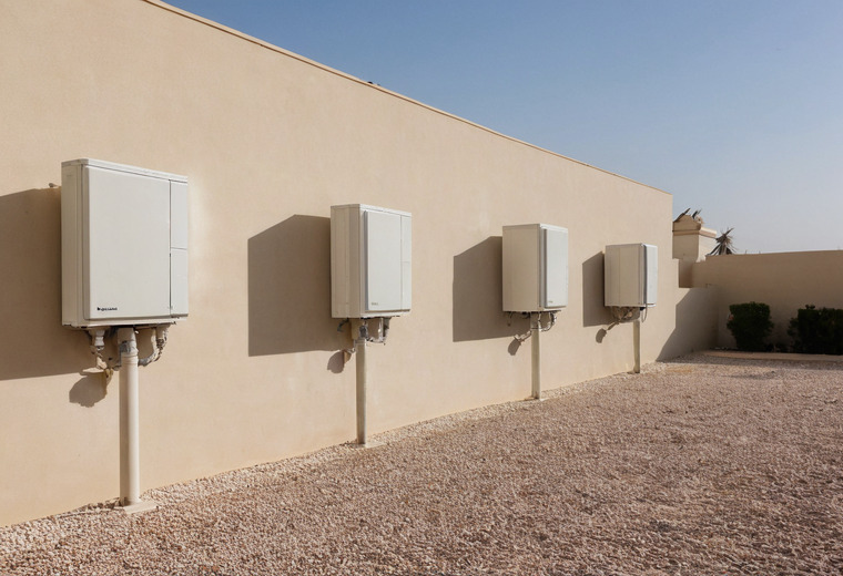 Four white wall-mounted units in a row on a sand-coloured boundary wall outside, each with pipework running down to a gravel yard under a clear sky.