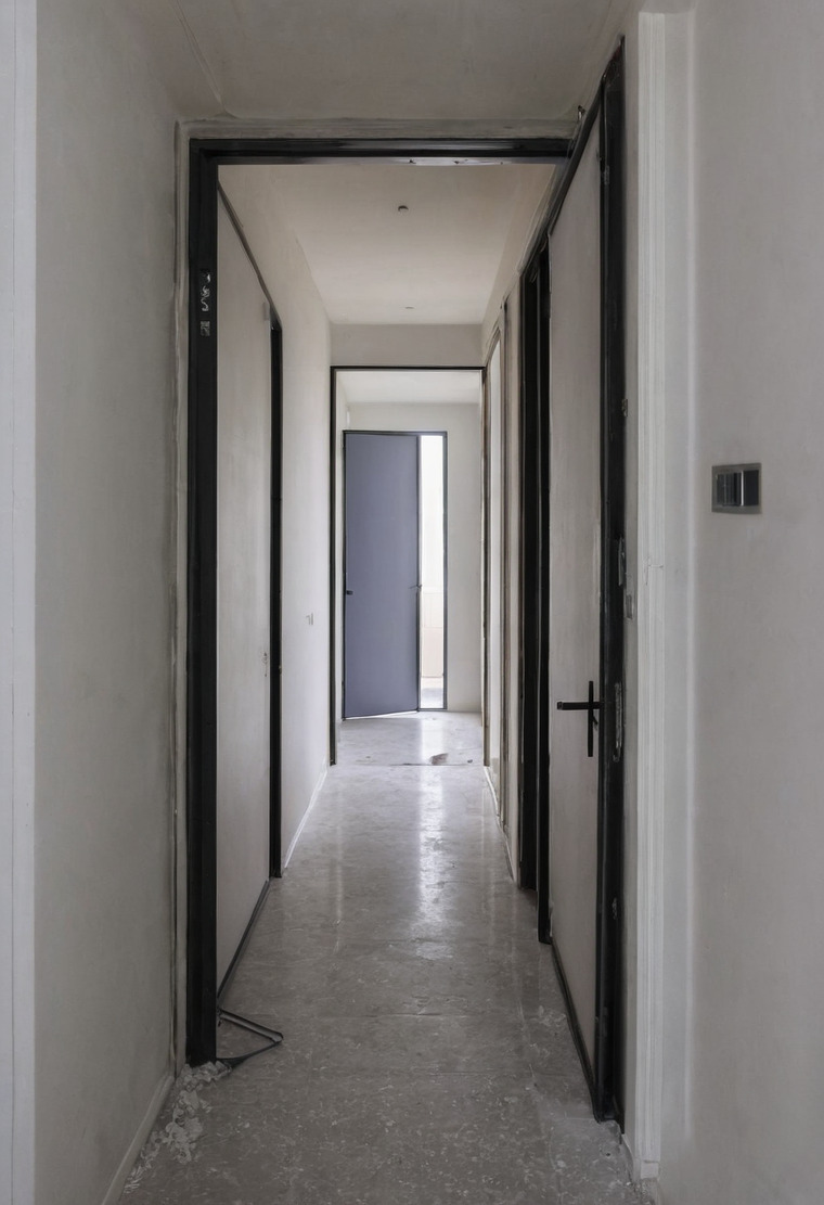 A narrow corridor in a villa near completion, with white walls, black-framed doorways and a polished concrete floor running to a lit room at the far end.