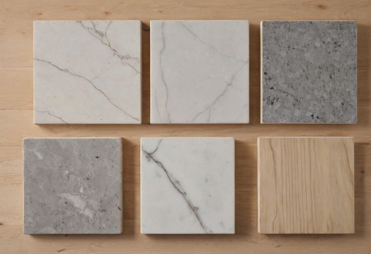 Six square finish samples laid on a pale oak surface: three white marbles with grey veining, a grey speckled terrazzo, a grey veined stone and a plain pale timber square.