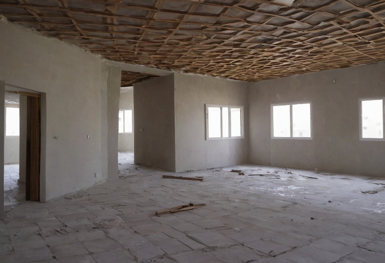 A villa under construction with bare rendered walls, small window openings, an exposed timber and frond ceiling structure and an unfinished floor with timber offcuts lying on it.