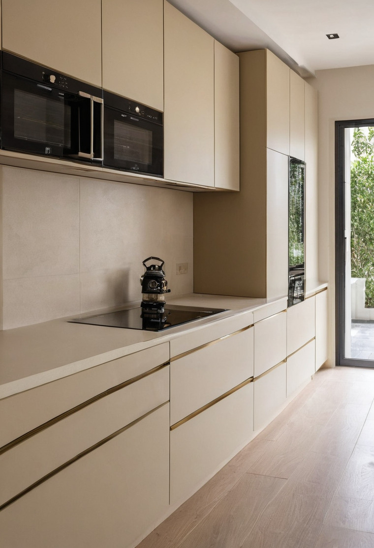 A newly installed kitchen in a villa with cream matt handleless fronts and brass inlay lines, a pale stone worktop, an induction hob and two black built-in ovens, beside a glazed door to a terrace.
