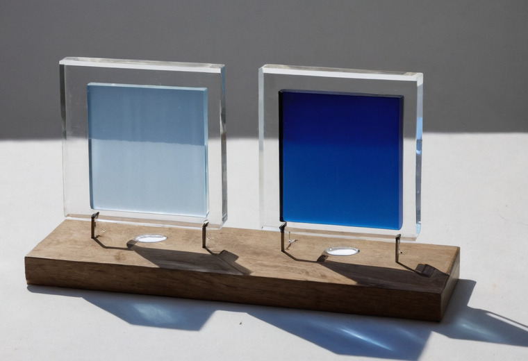 Two square glass samples standing in clips on a timber base in direct sun against a white wall, one pale blue and one deep blue, each casting a tinted shadow.