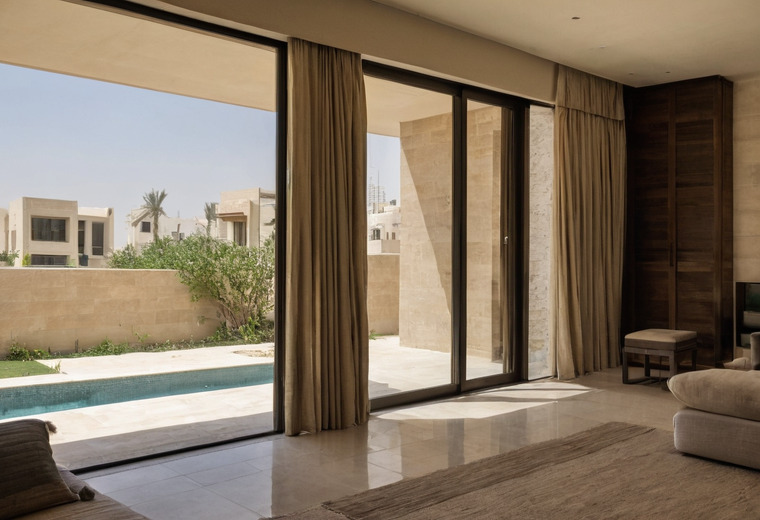A villa living room with a full-height sliding glazed wall in a dark frame onto a pool and garden, a deep stone reveal shading it, long linen curtains and a polished stone floor.