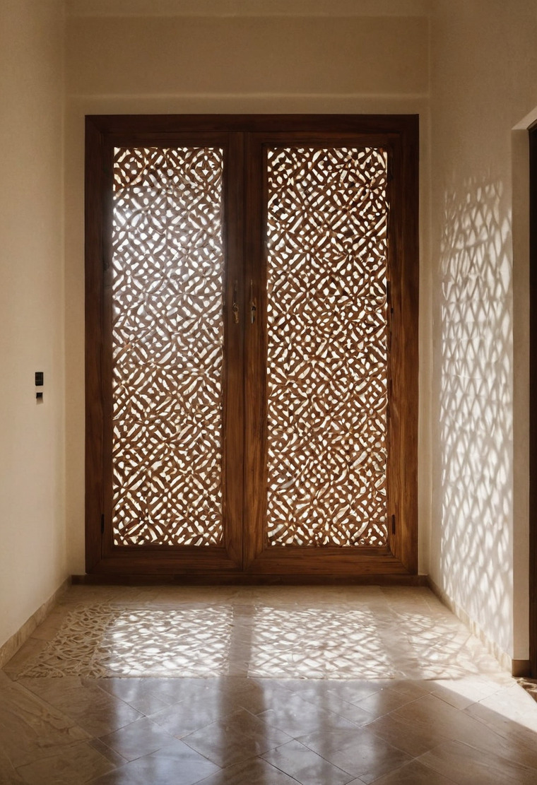 A pair of tall timber doors filled with a carved geometric lattice, set in a sand-plaster wall, with sunlight throwing the lattice pattern across the pale stone floor.