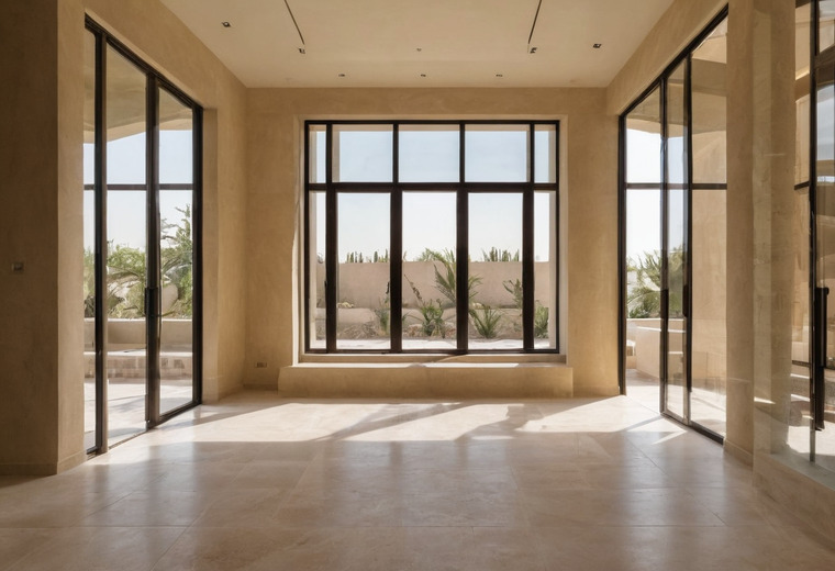 An empty villa room with sand-coloured plaster walls, black-framed full-height glazing on three sides and a polished travertine floor with sunlight across it.