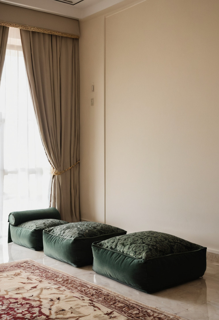 Three deep green floor cushions in a row along a plain wall on a polished stone floor, with the edge of a patterned rug in front and a curtained window at the left.