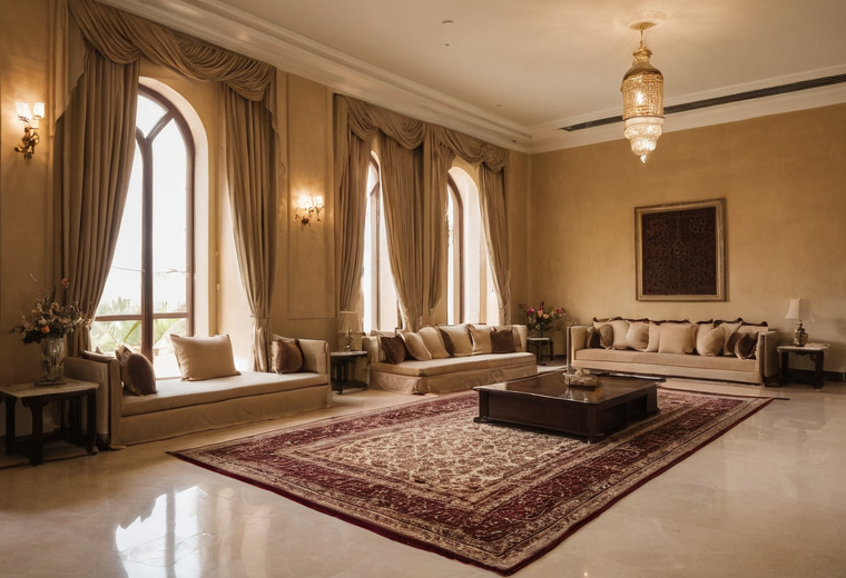 A large majlis with sand plaster walls, three tall arched windows in heavy curtains, a pierced brass pendant lantern, continuous low cream seating along the walls, a dark timber table and a red patterned rug on a marble floor.