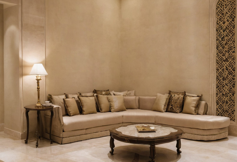 The corner of a majlis where two runs of cream banquette seating meet, with gold and patterned cushions, a brass floor lamp behind and an oval marble-topped table in front.